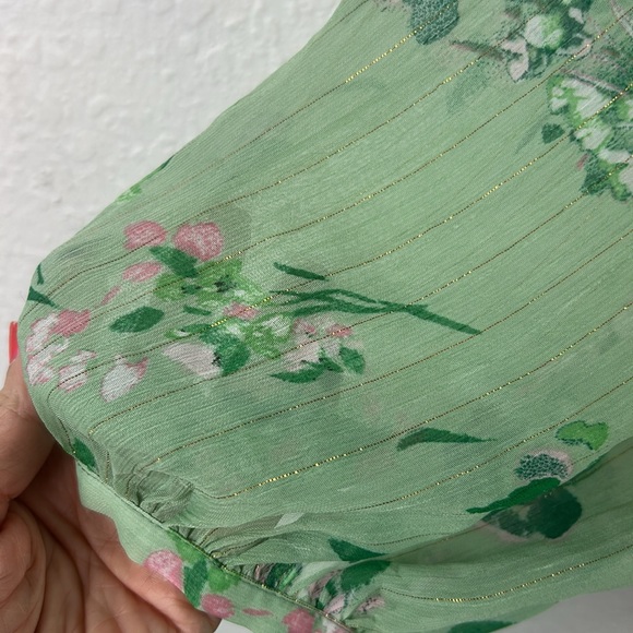 Zara floral metallic gold detail sheer button tie blouse M - Picture 3 of 11